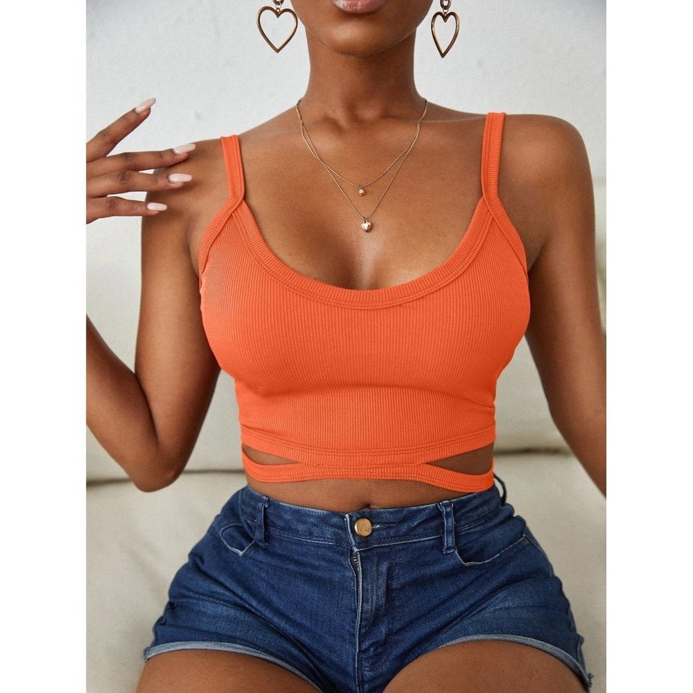 NWT SHEIN Neon Orange Cut Out Rib Knit Tank Top‎ Size XS Color Burnt Orange